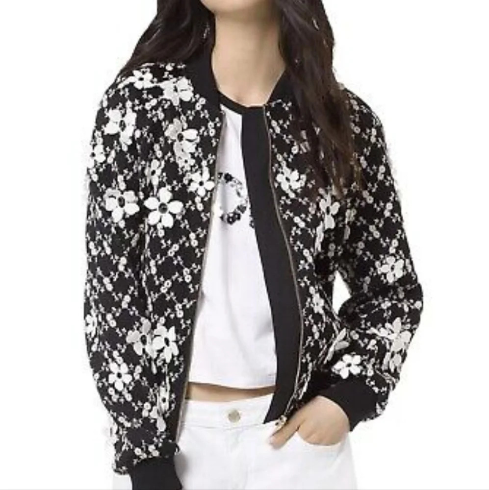 MICHAEL KORS Black Mesh With Placed Flowers Embroidered Jacket Sz L Pristine